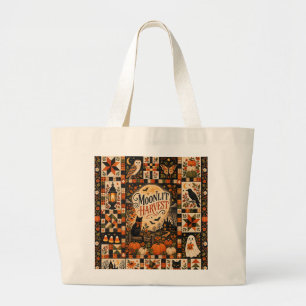 Moonlit Harvest Vintage Halloween Patchwork Large Tote Bag