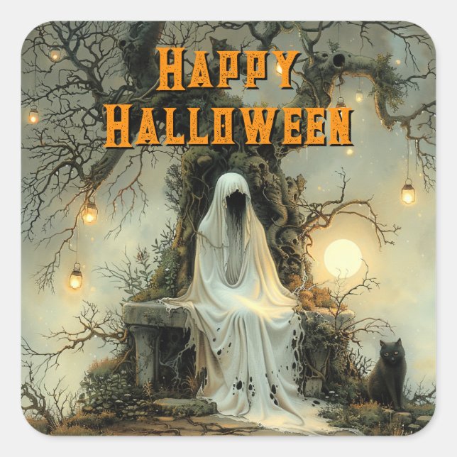Moonlit Haunt – A Ghostly Welcome for Halloween  Square Sticker (Front)