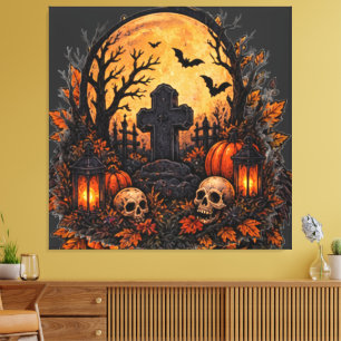 Moonlit Haunted Graveyard Gothic Halloween Cemeter Canvas Print
