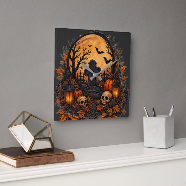 Moonlit Haunted Graveyard Gothic Halloween Cemeter Square Wall Clock (Office)