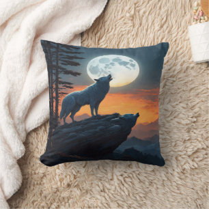 Moonlit Howl of the Wild Wolves at Dusk Cushion