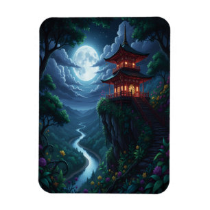 Moonlit Japanese Pagoda on a Cliff Magnet