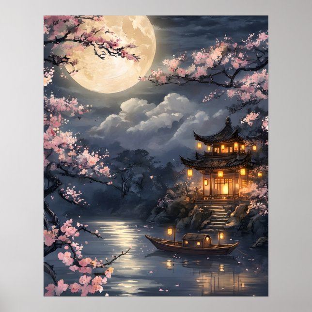 Moonlit Japanese Sakura Poster (Front)