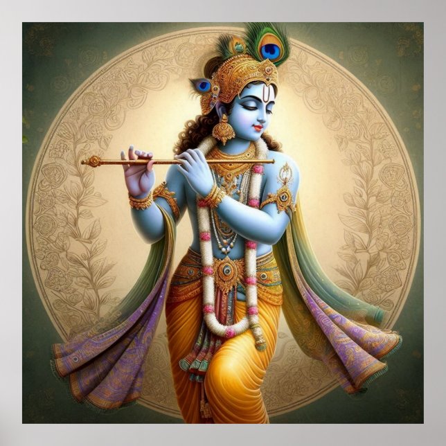 Moonlit Krishna Art: Flute Deity, Spiritual Indian Poster (Front)