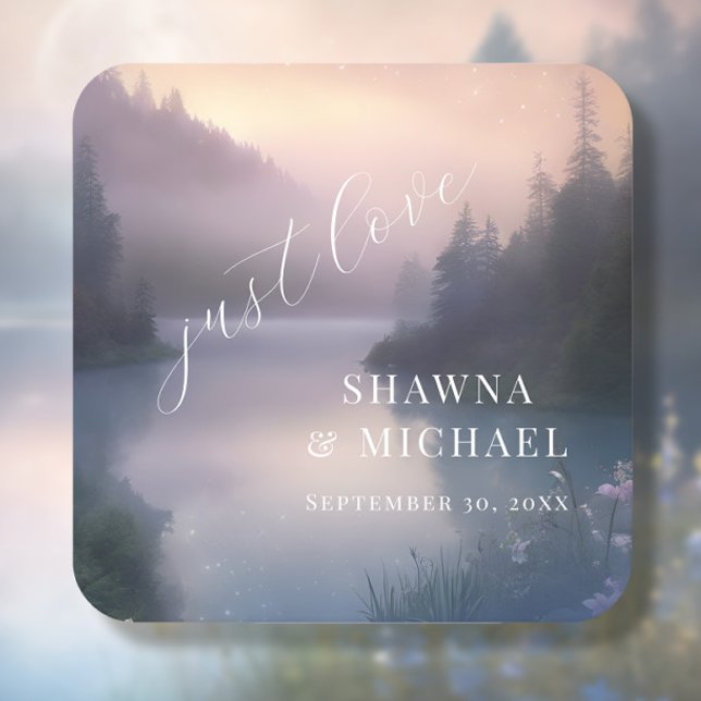 Moonlit Lake Forest Woodland Fantasy Wedding Square Paper Coaster (Creator Uploaded)