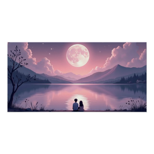 Moonlit Lake Romantic Night Valentine’s Day  Poster (Front)