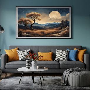 Moonlit Landscape Golden Trees Mountains Canvas Print