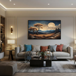 Moonlit Landscape Golden Trees Mountains Poster