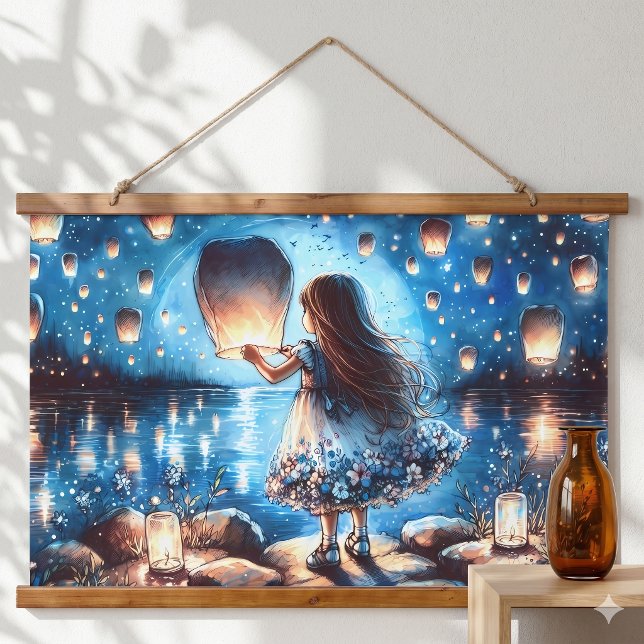 Moonlit Lantern Lake Girl Hanging Tapestry (Moonlit Lantern Lake Girl Hanging Tapestry)