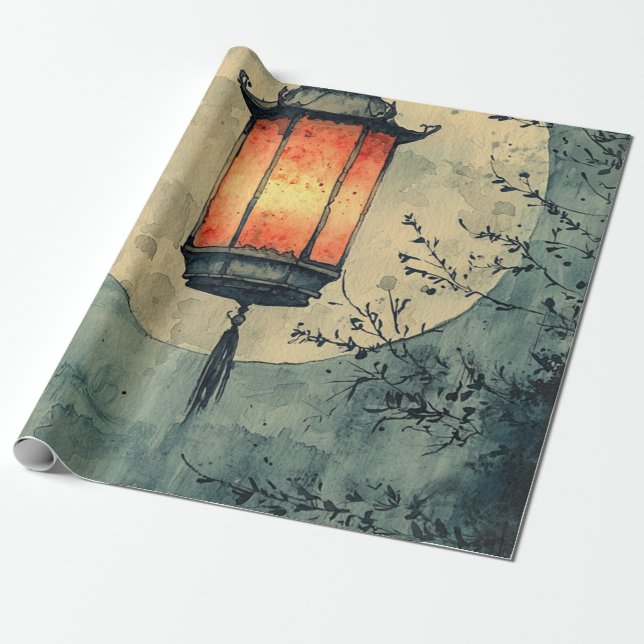 Moonlit Lantern Sumi-E Watercolor (1) Wrapping Paper (Unrolled)