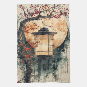 Moonlit Lantern Sumi-E Watercolor (2) Tea Towel