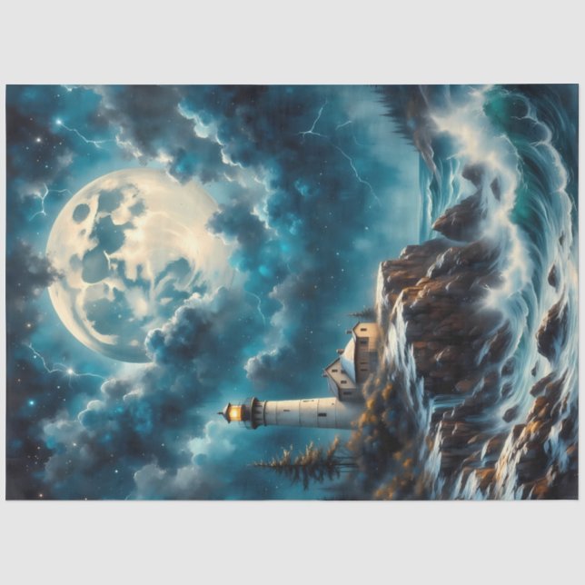 Moonlit Lighthouse Cliff – Fantasy Night Seascape  Tissue Paper (Front)