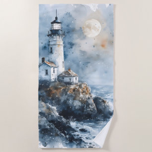 Moonlit Lighthouse on Rocky Coastline Beach Towel
