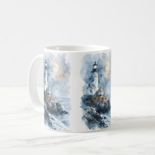 Moonlit Lighthouse on Rocky Coastline Coffee Mug