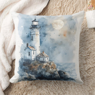 Moonlit Lighthouse on Rocky Coastline Cushion