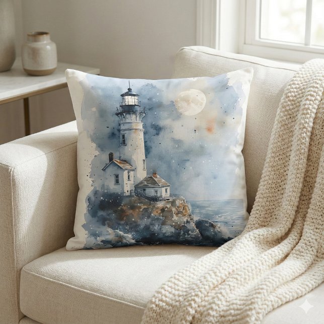 Moonlit Lighthouse on Rocky Coastline Cushion (Moonlit Lighthouse on Rocky Coastline Throw Pillow Mockup A)