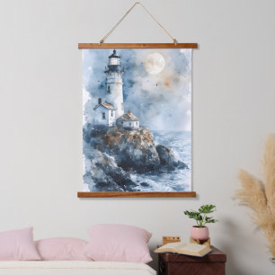 Moonlit Lighthouse on Rocky Coastline Hanging Tapestry