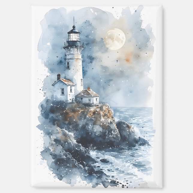 Moonlit Lighthouse on Rocky Coastline Magnet (Front)