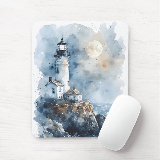 Moonlit Lighthouse on Rocky Coastline Mouse Mat (With Mouse)