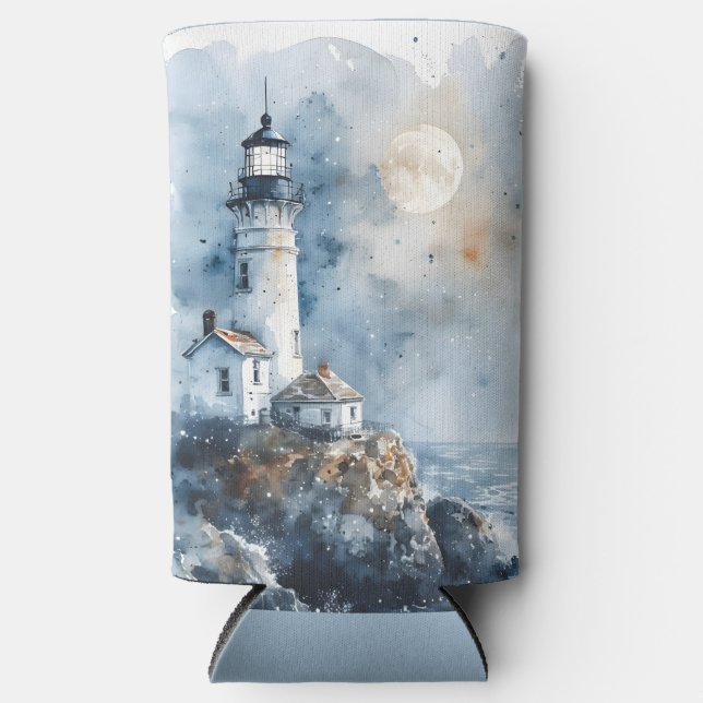 Moonlit Lighthouse on Rocky Coastline Seltzer Can Cooler (Front)