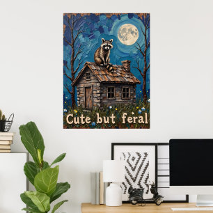 Moonlit Lookout: Raccoon on the Cabin Roof Poster