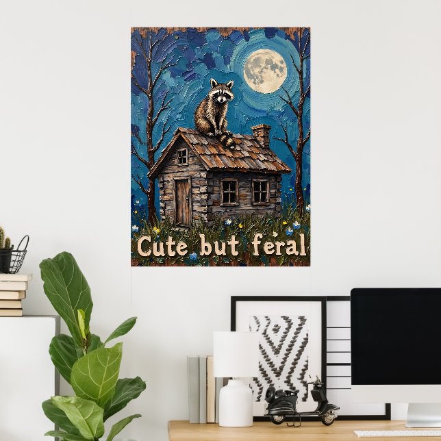 Moonlit Lookout: Racoon on the Cabin Roof Poster (Home Office)