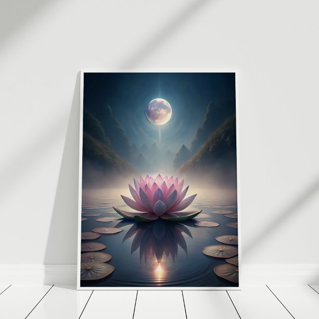 Moonlit Lotus Garden – Tranquil Lunar Reflection  Poster (Moonlit Lotus Garden – Tranquil Lunar Reflection Poster in a white wooden frame)
