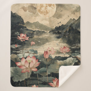 Moonlit Lotus Lake (1) Sherpa Blanket