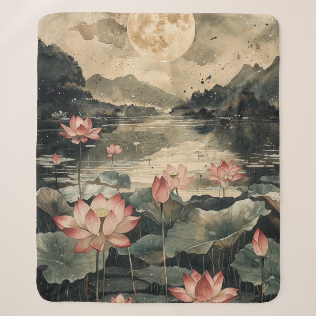 Moonlit Lotus Lake (1) Sherpa Blanket (Front)
