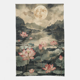 Moonlit Lotus Lake (1) Tea Towel