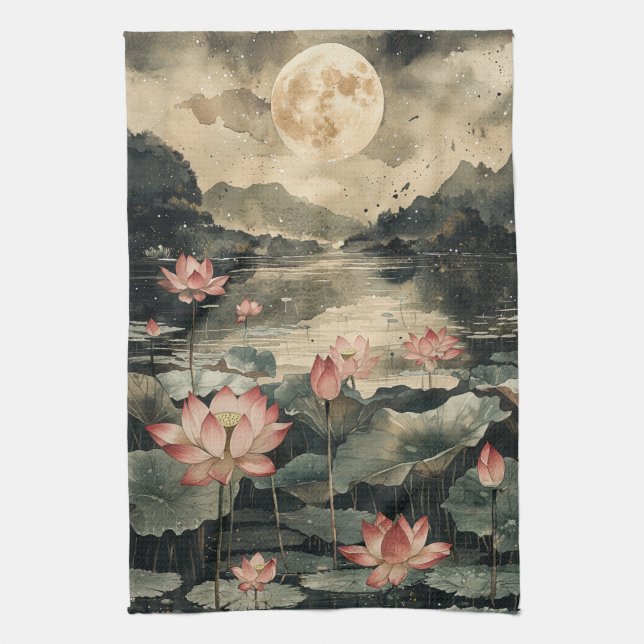 Moonlit Lotus Lake (1) Tea Towel (Vertical)