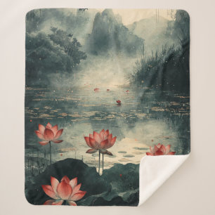 Moonlit Lotus Lake (2) Sherpa Blanket