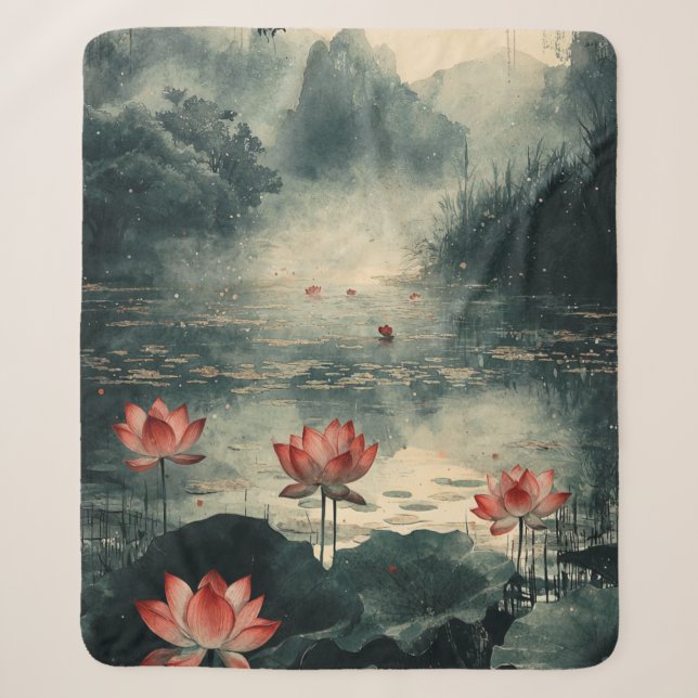 Moonlit Lotus Lake (2) Sherpa Blanket (Front)