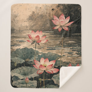 Moonlit Lotus Lake (3) Sherpa Blanket