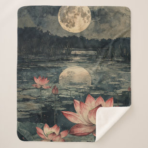 Moonlit Lotus Lake (4) Sherpa Blanket