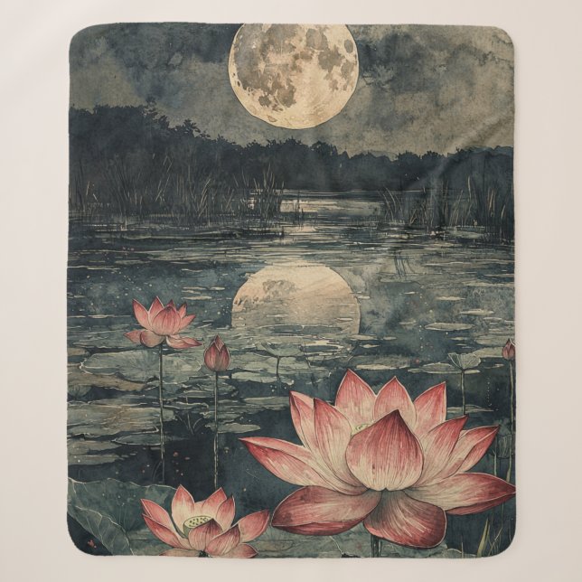 Moonlit Lotus Lake (4) Sherpa Blanket (Front)