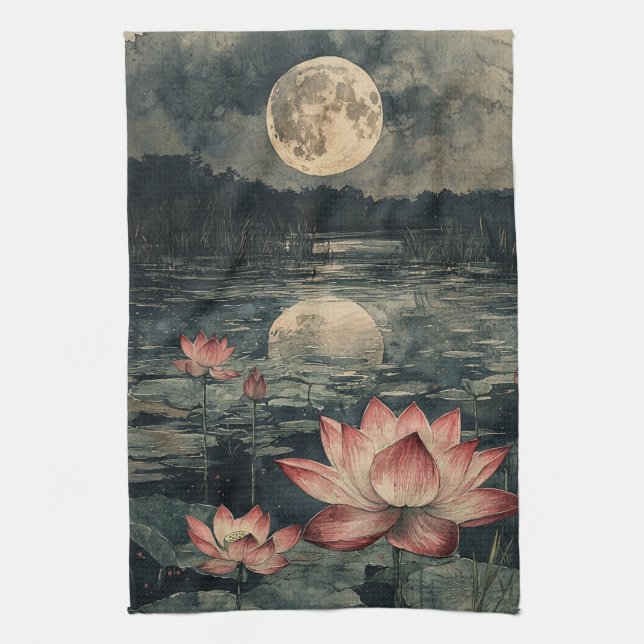 Moonlit Lotus Lake (4) Tea Towel (Vertical)