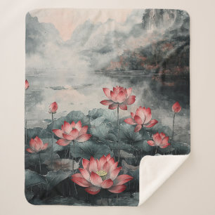 Moonlit Lotus Lake (5) Sherpa Blanket