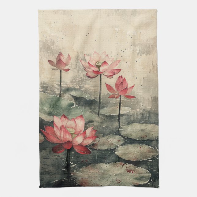 Moonlit Lotus Lake (6) Tea Towel (Vertical)