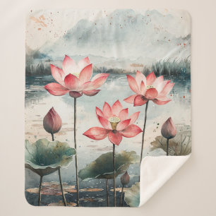 Moonlit Lotus Lake (7) Sherpa Blanket