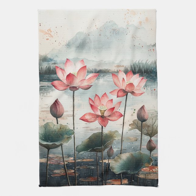 Moonlit Lotus Lake (7) Tea Towel (Vertical)