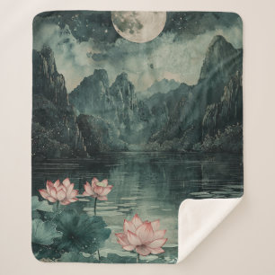 Moonlit Lotus Lake (8) Sherpa Blanket