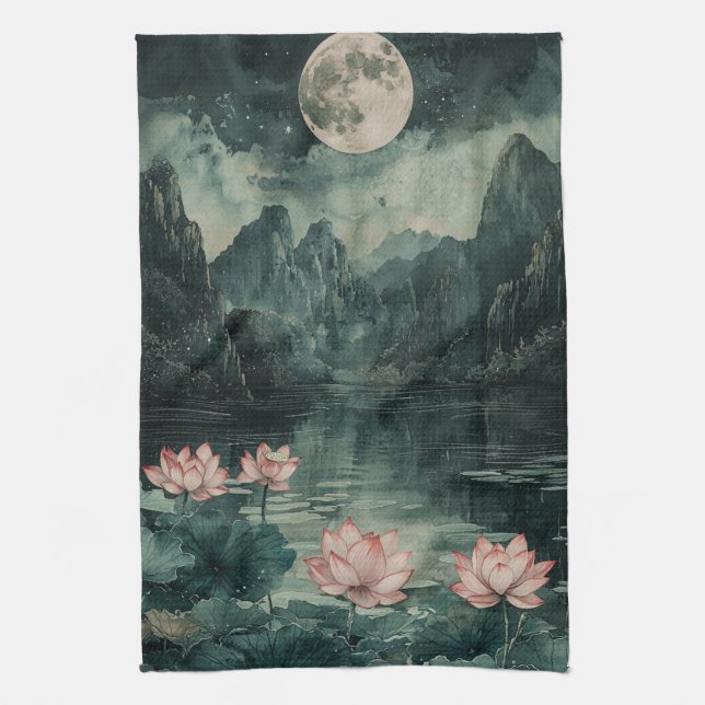 Moonlit Lotus Lake (8) Tea Towel (Vertical)