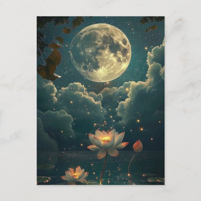 Moonlit Lotus Pond Fantasy Postcard | Glowing Full (Front)