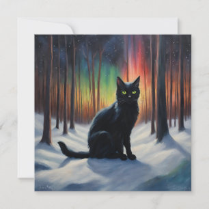Moonlit Magic: A Black Cat in the Snowy Forest Holiday Card