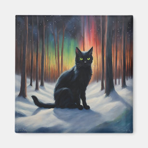 Moonlit Magic: A Black Cat in the Snowy Forest Magnet