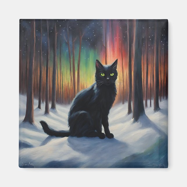 Moonlit Magic: A Black Cat in the Snowy Forest Magnet (Front)