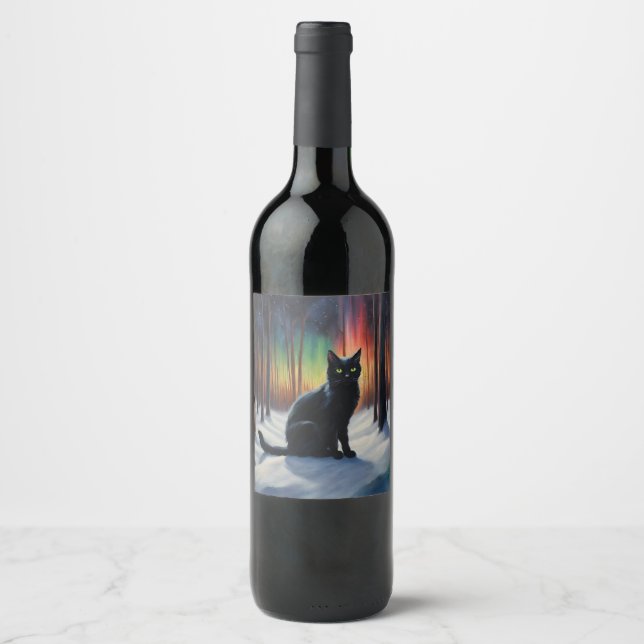 Moonlit Magic: A Black Cat in the Snowy Forest Wine Label (Front)