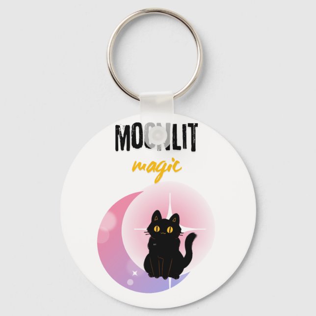 Moonlit Magic Black Cat T-Shirt | Cute Celestial  Key Ring (Front)