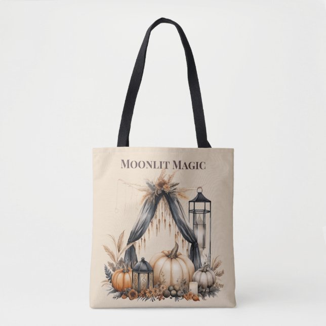 Moonlit Magic Boho Skull & Pumpkin - Autumn Witch Tote Bag (Front)
